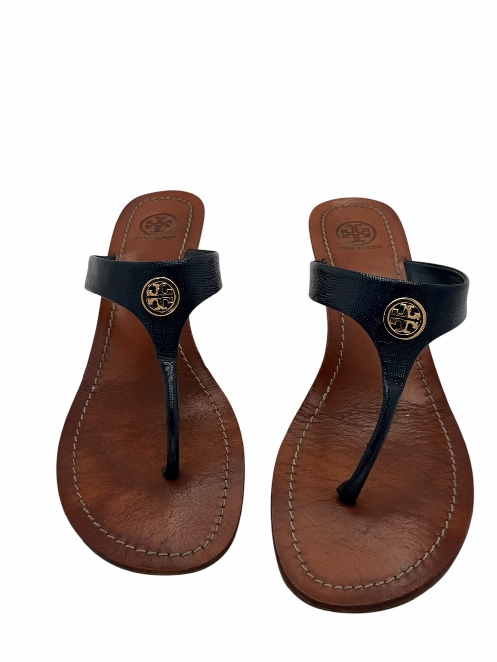 Tory Burch Dark Navy Blue Leather Logo Thong Cameron Wedge Sandals Size 10.5M